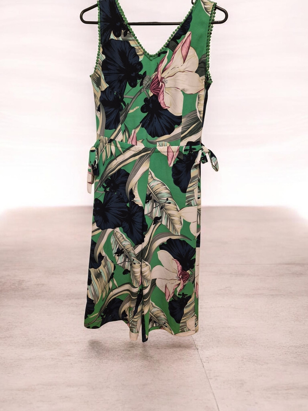 Carolina Belle Green Floral V-Neck Jumpsuit with Navy & Cream Blooms